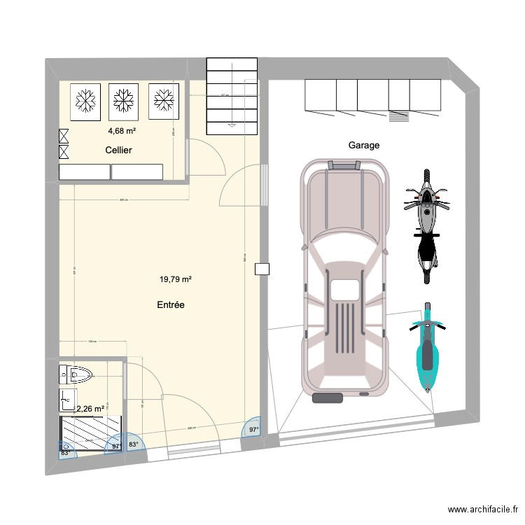 sous sol V3. Plan de 3 pièces et 27 m2