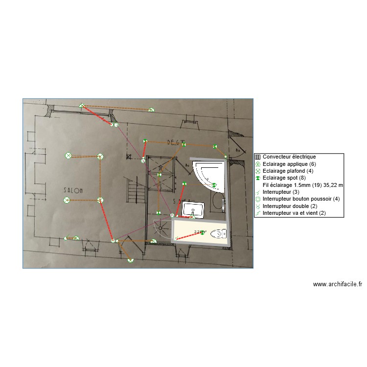 David & Marie éclairage RDC. Plan de 1 pièce et 2 m2