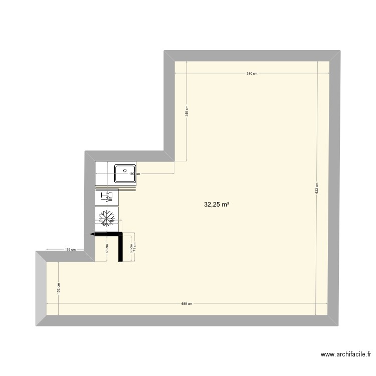 TRY. Plan de 1 pièce et 32 m2