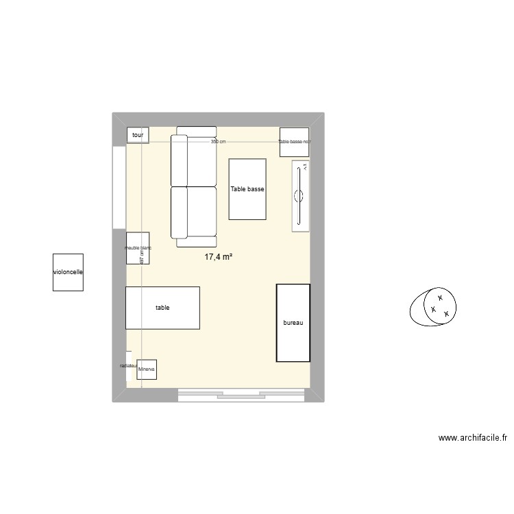 salon vide. Plan de 1 pièce et 17 m2