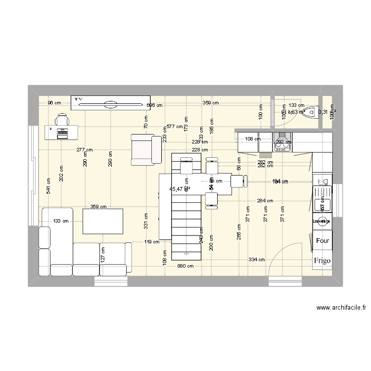 OLI SALON CUISINE 2. Plan de 3 pièces et 47 m2