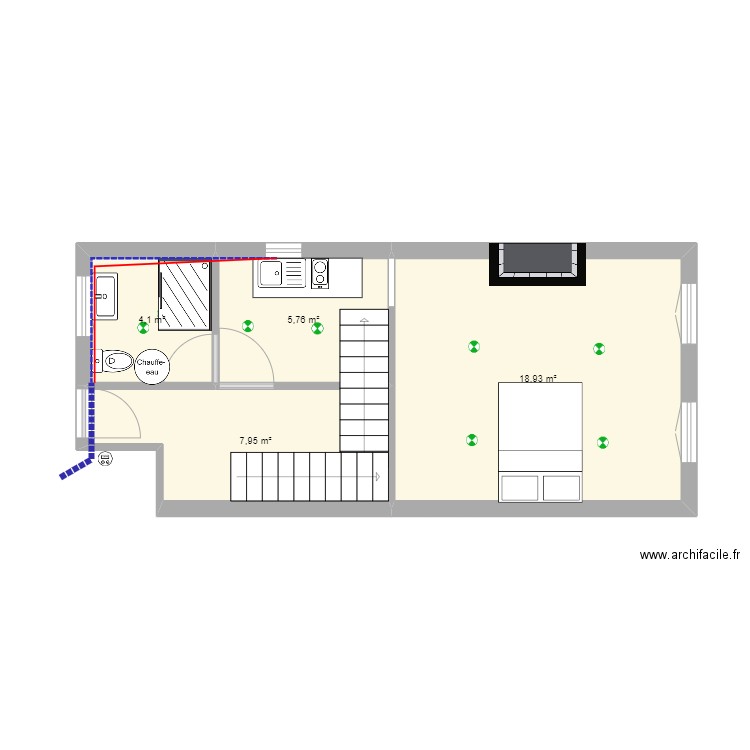 Studio pousterle . Plan de 4 pièces et 37 m2