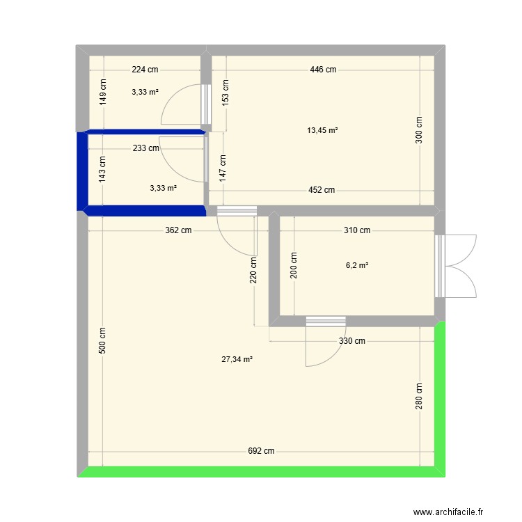 plan travaux avec meubles. Plan de 5 pièces et 54 m2