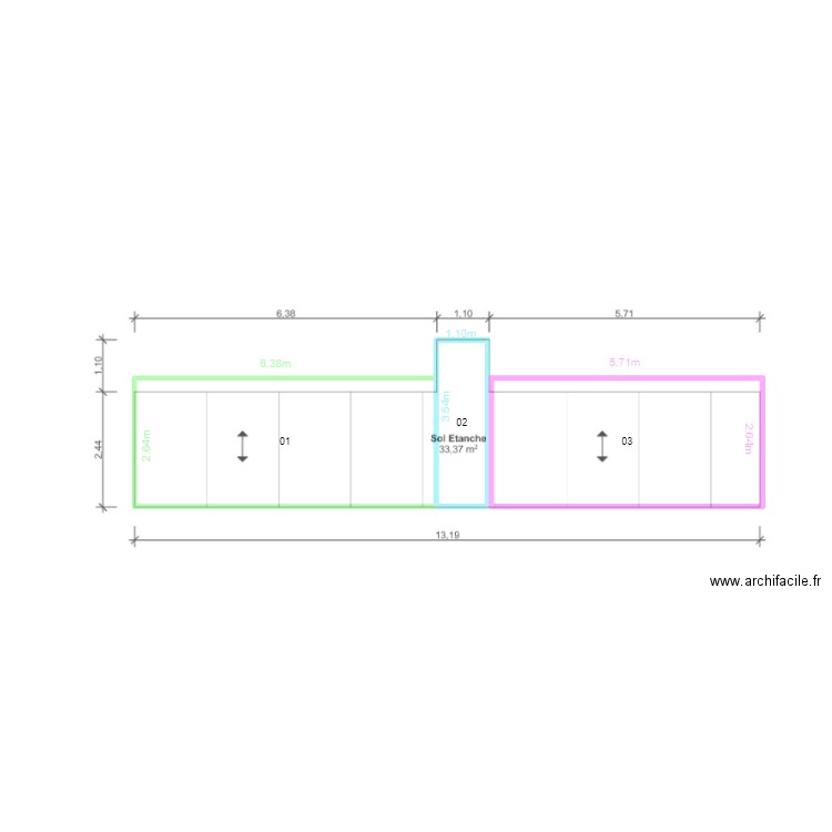 sol etanche A. Plan de 3 pièces et 100 m2