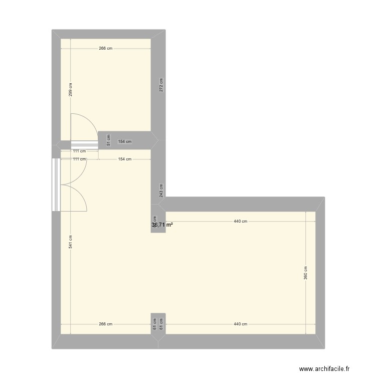 acceuil. Plan de 1 pièce et 39 m2