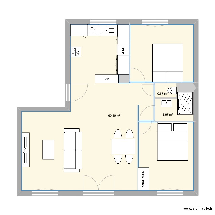 Miribel 63m². Plan de 3 pièces et 64 m2