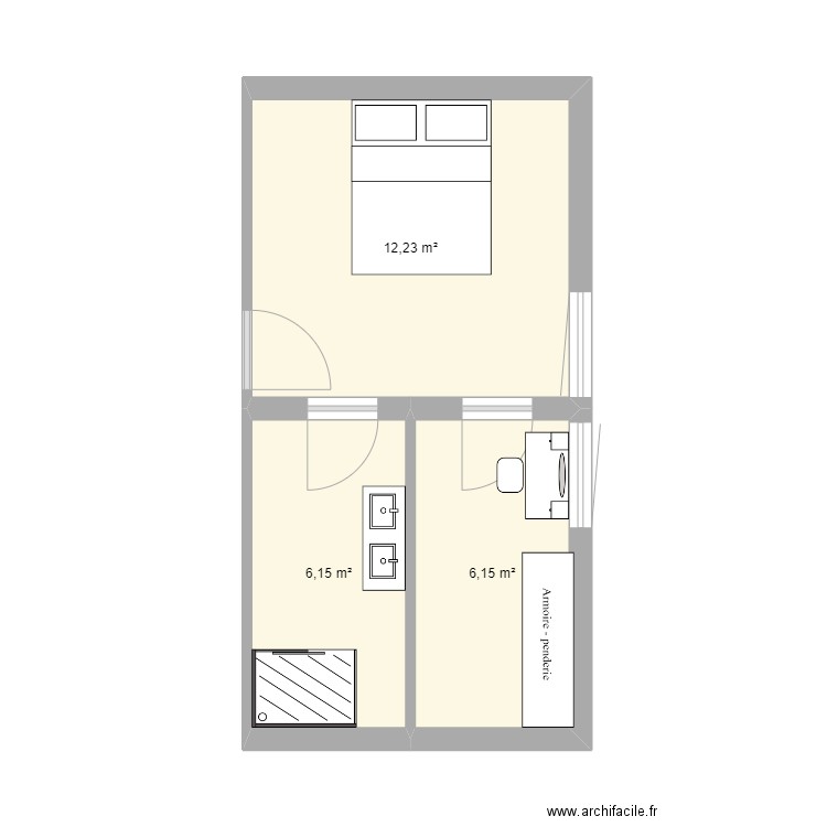 Chambre parentale. Plan de 3 pièces et 25 m2