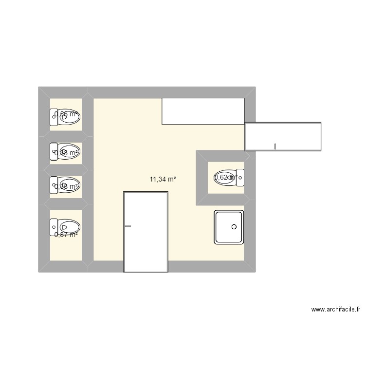 toilette M1. Plan de 6 pièces et 14 m2