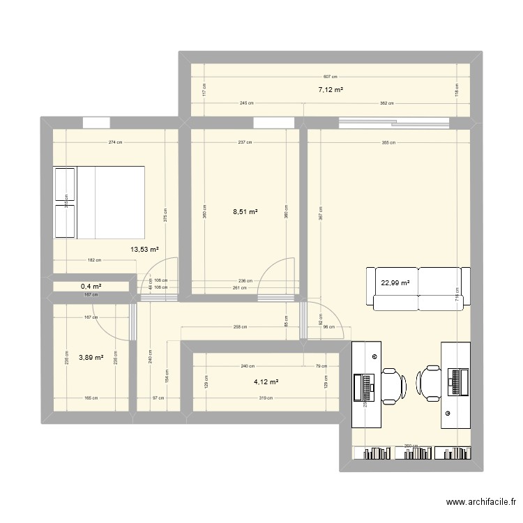 appart. Plan de 7 pièces et 61 m2