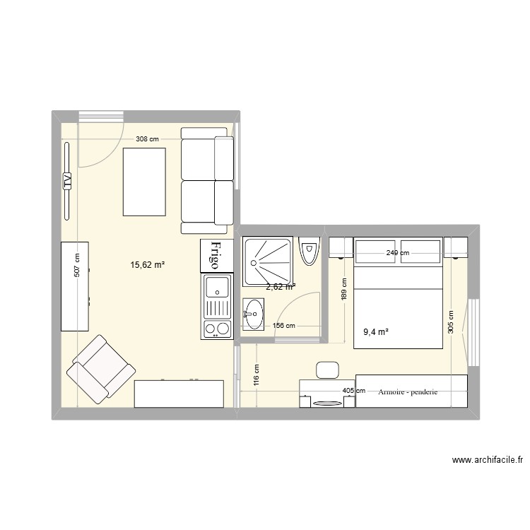 yousra studio. Plan de 3 pièces et 28 m2