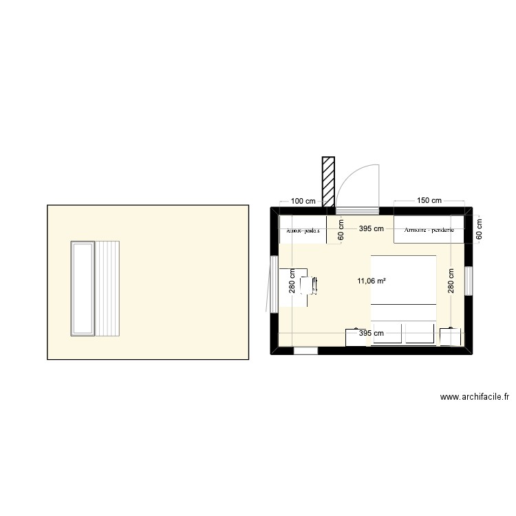 facade chemin sans porte. Plan de 1 pièce et 11 m2