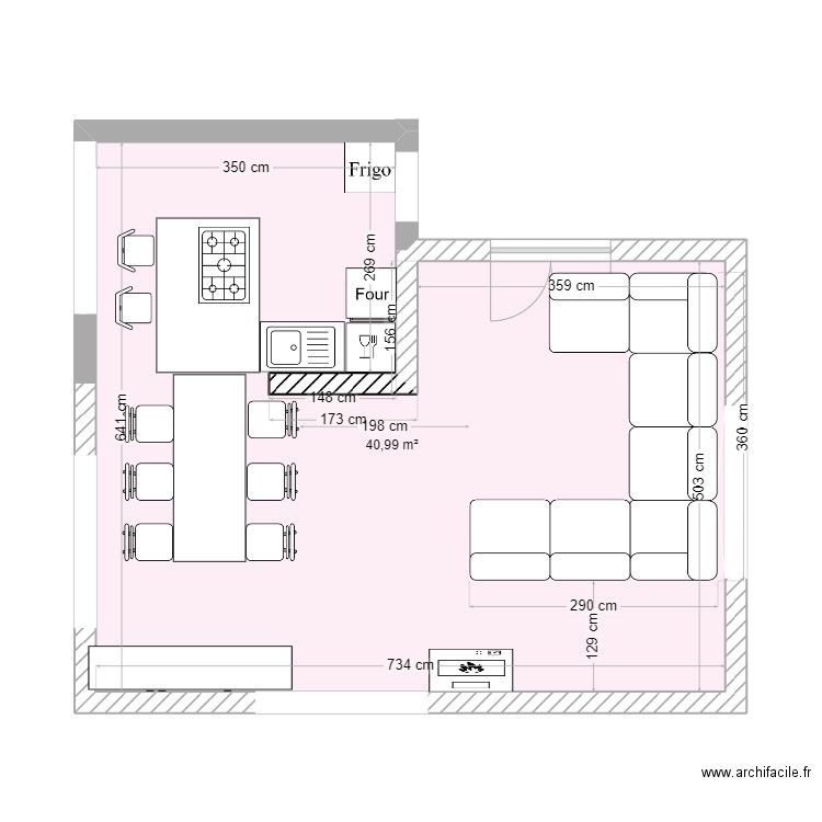 salon cuisine 2. Plan de 1 pièce et 41 m2