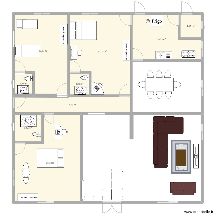 plan de 3 chambres salon avec salle à manger et cuisine . Plan de 9 pièces et 104 m2