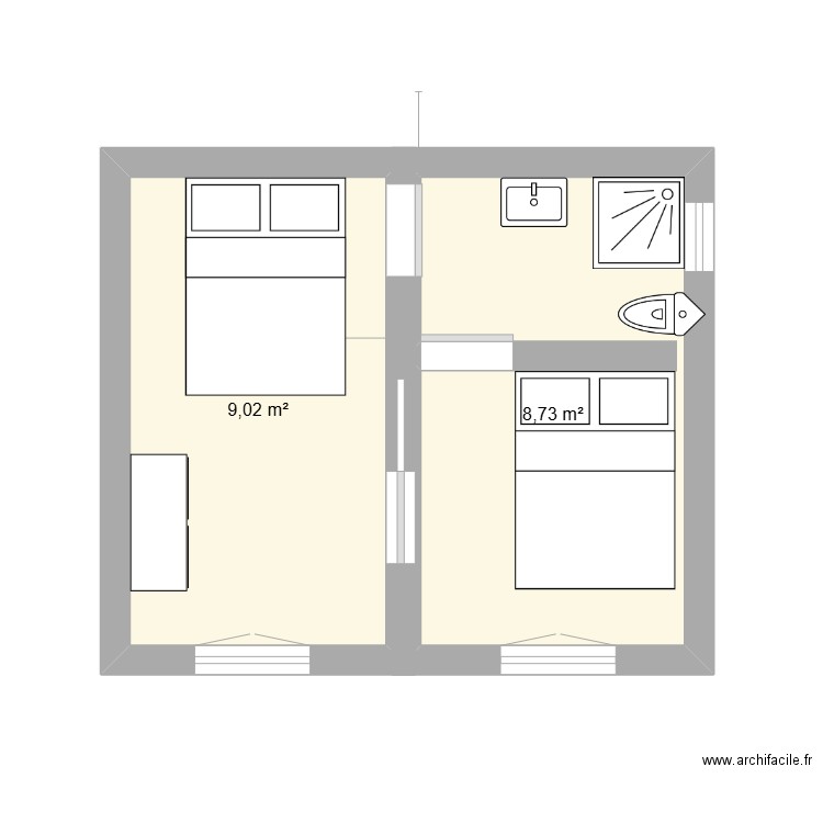 extension duplex. Plan de 2 pièces et 18 m2