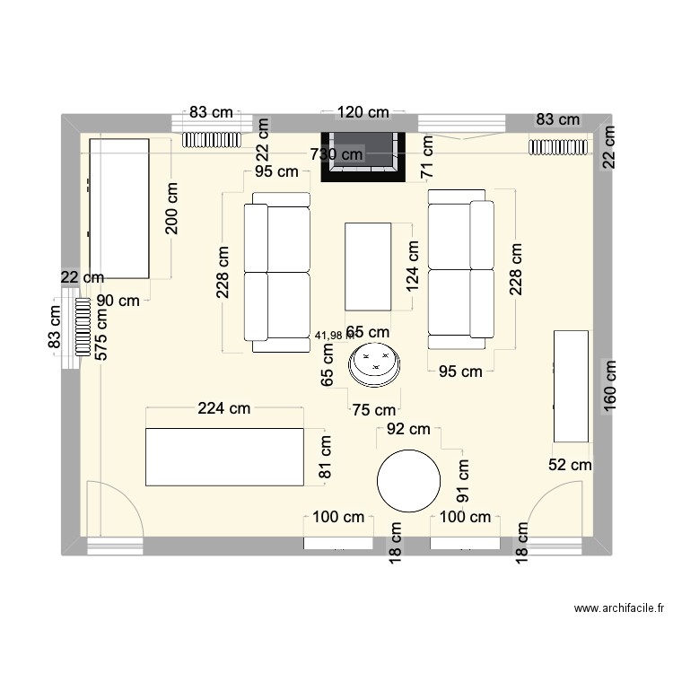 Salon DLBF cot objet. Plan de 1 pièce et 42 m2