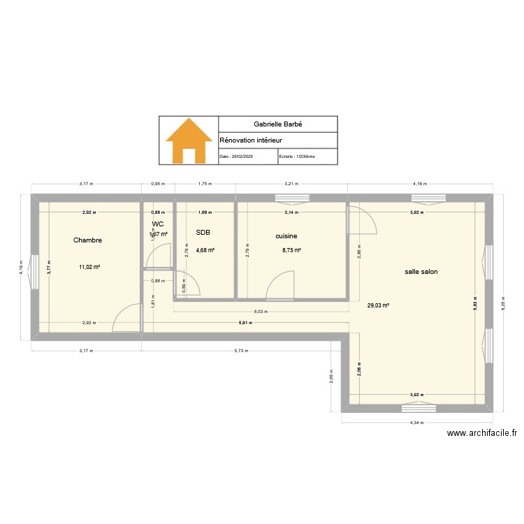 Barbé. Plan de 5 pièces et 55 m2