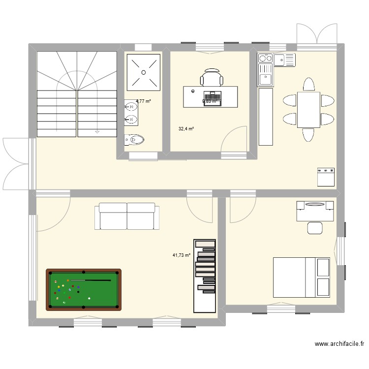 rez de chaussé. Plan de 4 pièces et 89 m2