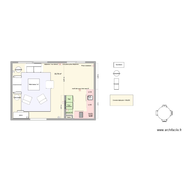 implantation prises sans étagères. Plan de 2 pièces et 34 m2