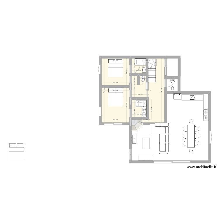 rez de chaussee. Plan de 2 pièces et 43 m2