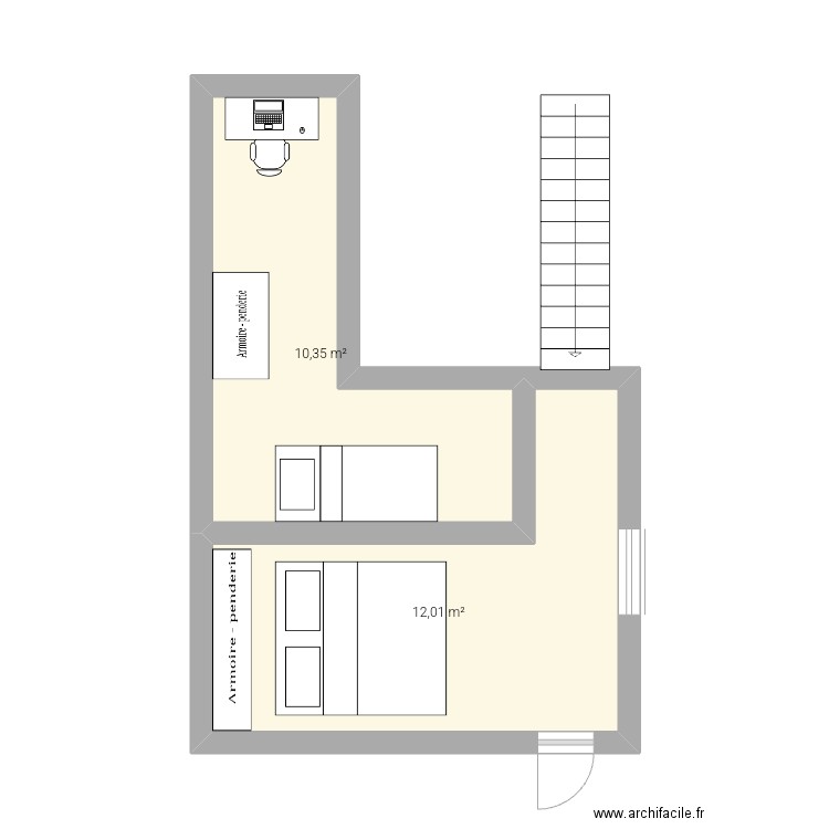 Chambre  3. Plan de 2 pièces et 22 m2