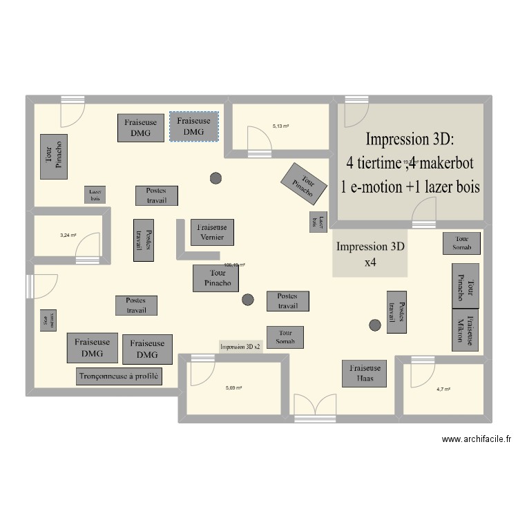 atelier usinage. Plan de 6 pièces et 144 m2