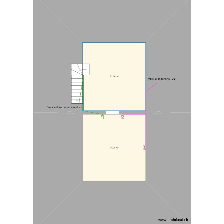 Plan prises cave. Plan de 2 pièces et 43 m2