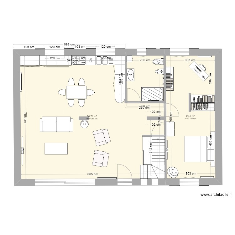 Rdc 1. Plan de 2 pièces et 89 m2