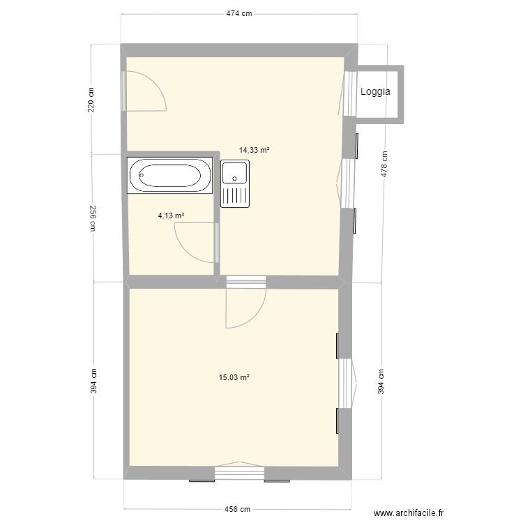 Brasseur 2e 2P. Plan de 3 pièces et 33 m2