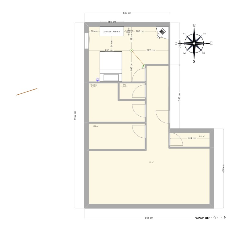 appartement f2 zaina. Plan de 6 pièces et 65 m2