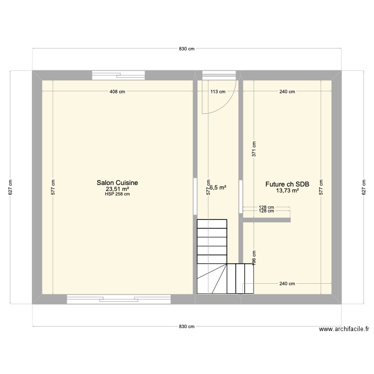 RDC papa. Plan de 3 pièces et 44 m2