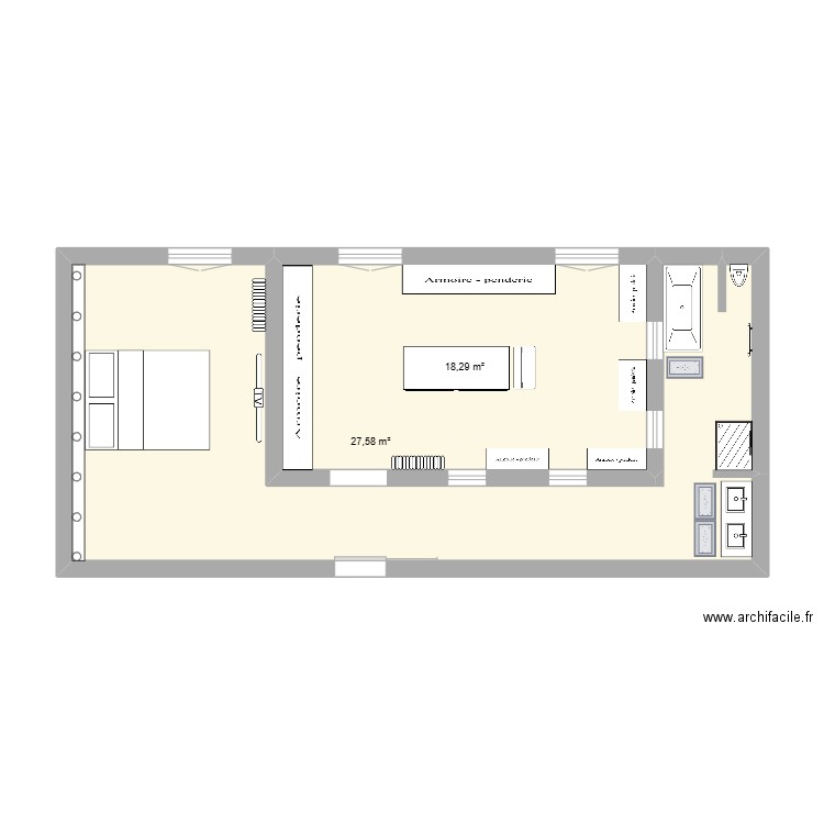 plateau suite parentale. Plan de 2 pièces et 46 m2