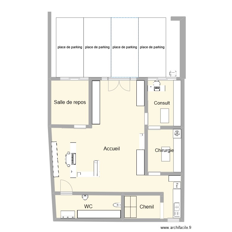 clinique. Plan de 6 pièces et 116 m2