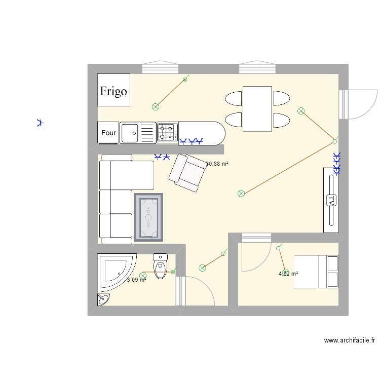 Amine plan. Plan de 3 pièces et 39 m2