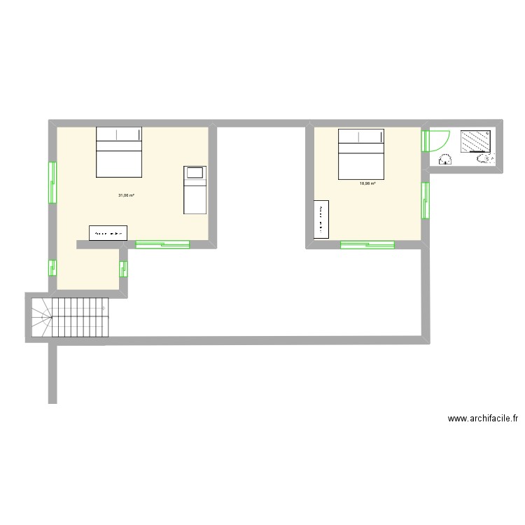 SURUKU ETAGE. Plan de 2 pièces et 50 m2