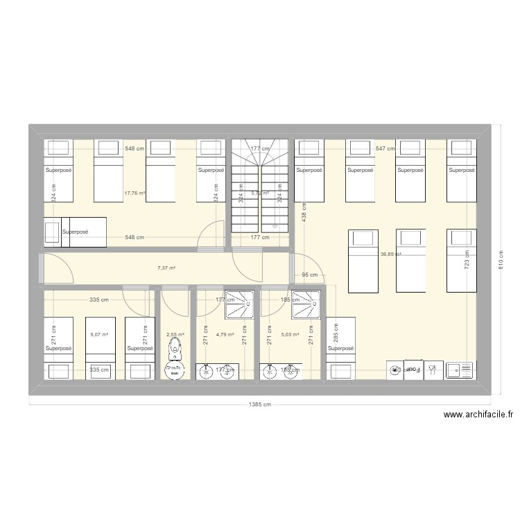 Dortoir & appart + meubles. Plan de 9 pièces et 191 m2