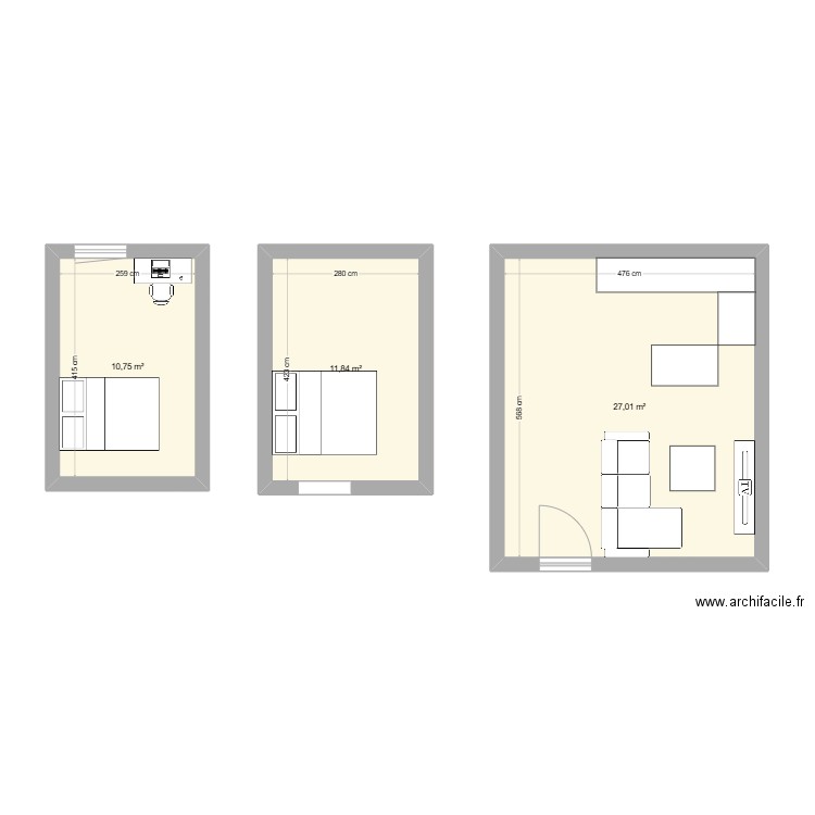 Chambre 2. Plan de 3 pièces et 50 m2