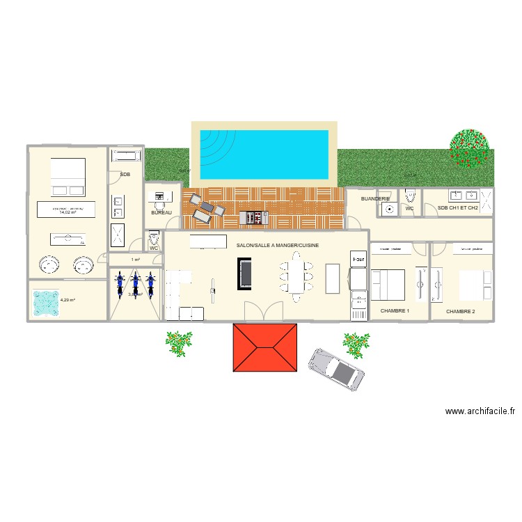 PROJET ARACOU. Plan de 14 pièces et 78 m2