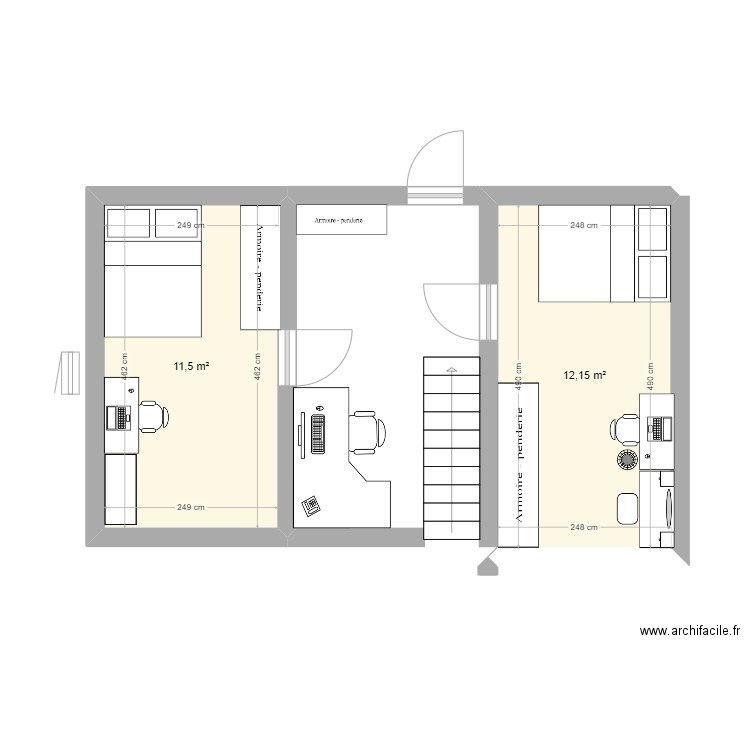 étage. Plan de 2 pièces et 24 m2