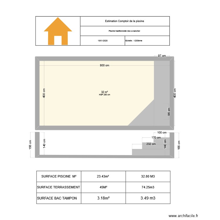 Plan en coupe piscine 8.00 X 4.00X 1.40. Plan de 1 pièce et 32 m2