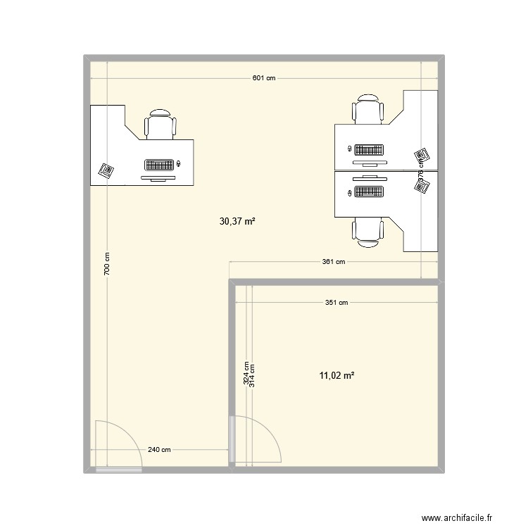 Bureaux ERIS. Plan de 2 pièces et 41 m2