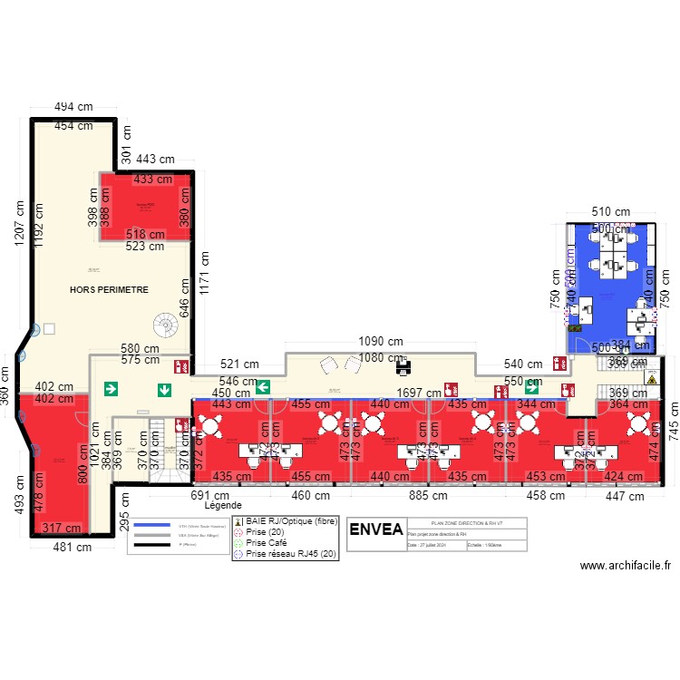 envea direction Plan evacuation provisoire. Plan de 13 pièces et 404 m2