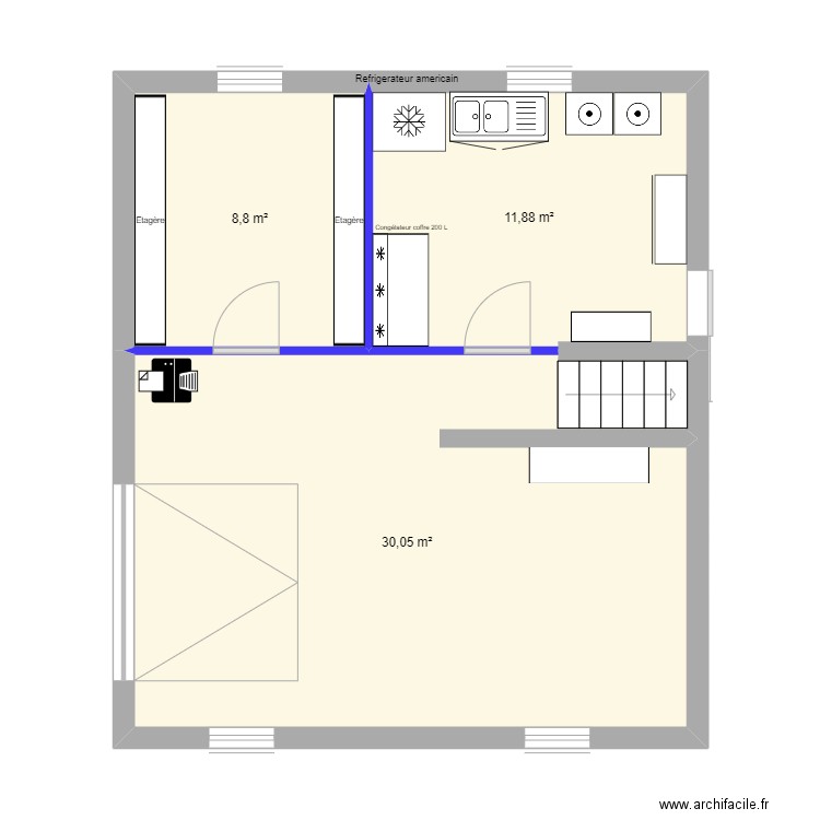 soussol. Plan de 3 pièces et 51 m2