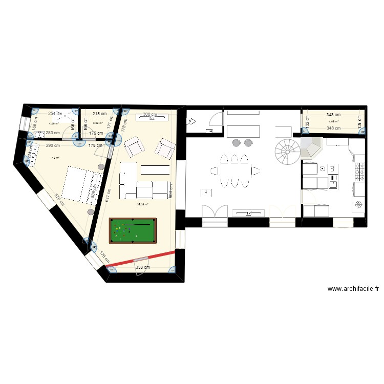 plan maison meublé. Plan de 5 pièces et 64 m2