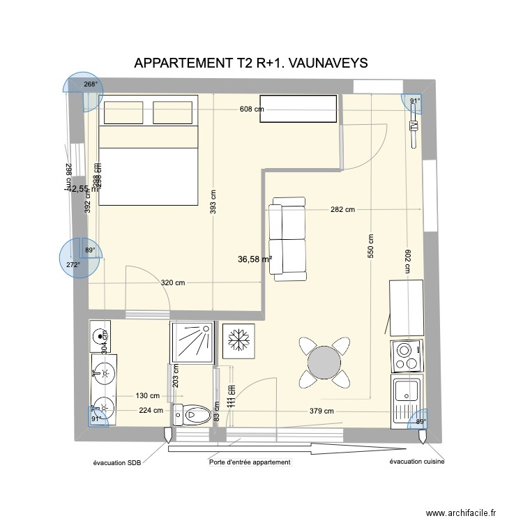 plan Appt R+1 Vaunaveys. Plan de 2 pièces et 37 m2