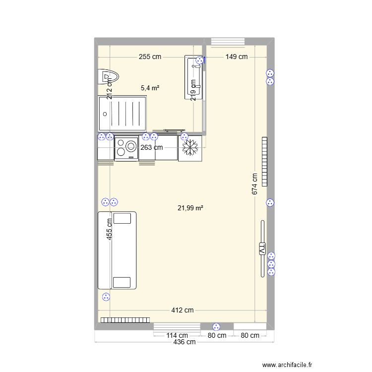 Studio. Plan de 2 pièces et 27 m2