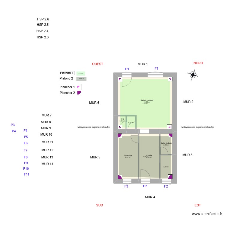 GRELIER_ Existant. Plan de 7 pièces et 46 m2