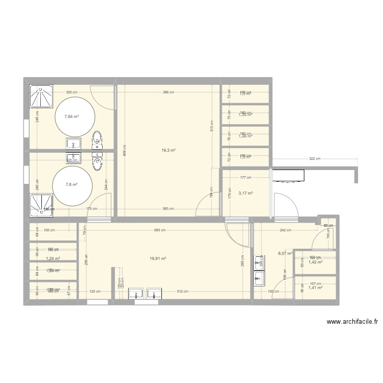 WC UT + PMR. Plan de 15 pièces et 76 m2