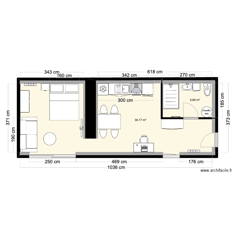 ENDOAURD V2. Plan de 2 pièces et 40 m2