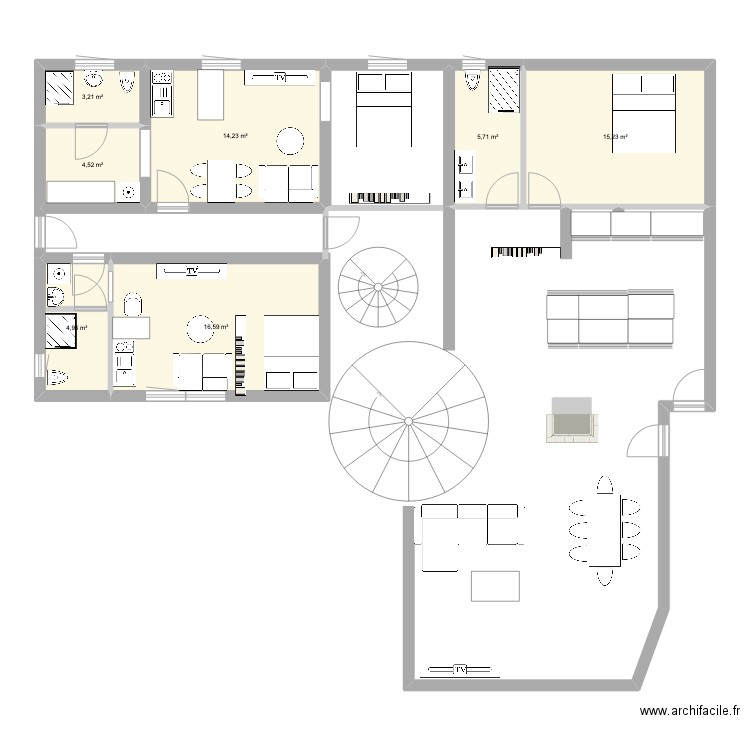 Apparts village-neuf RDC. Plan de 7 pièces et 64 m2