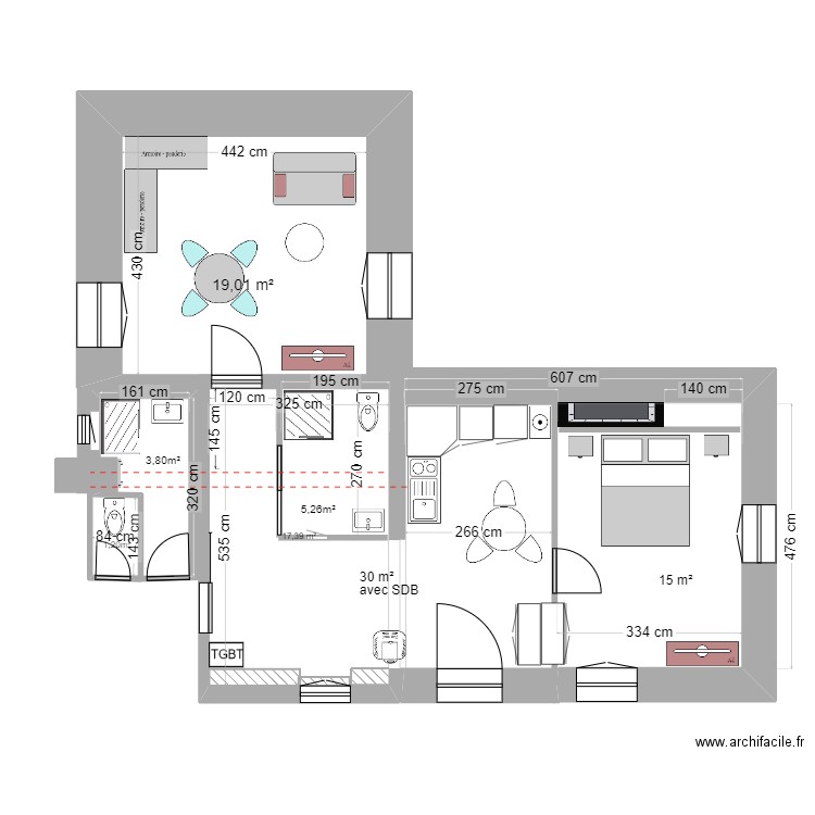 SDB & appartement 2. Plan de 2 pièces et 36 m2